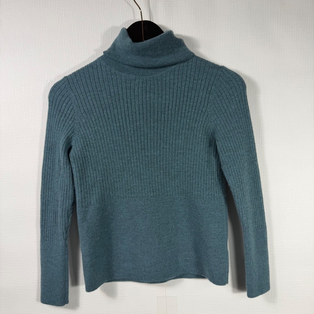 Halston Womens Teal 100% Extra Fine Merino Wool Ribbed Turtleneck Sweater S